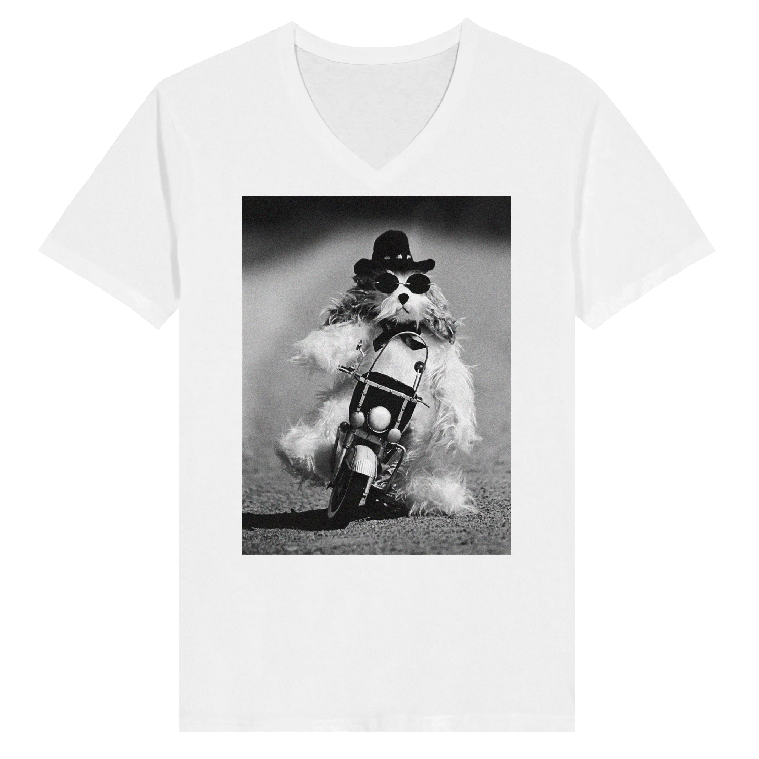 Dog on Motorcycle V-Neck T-Shirt by Uliana Blacklock