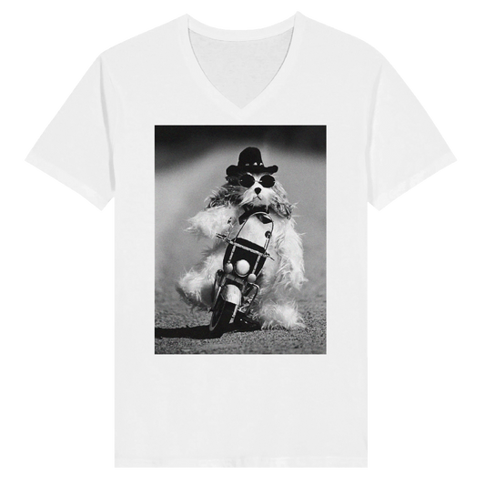 Dog on Motorcycle V-Neck T-Shirt by Uliana Blacklock
